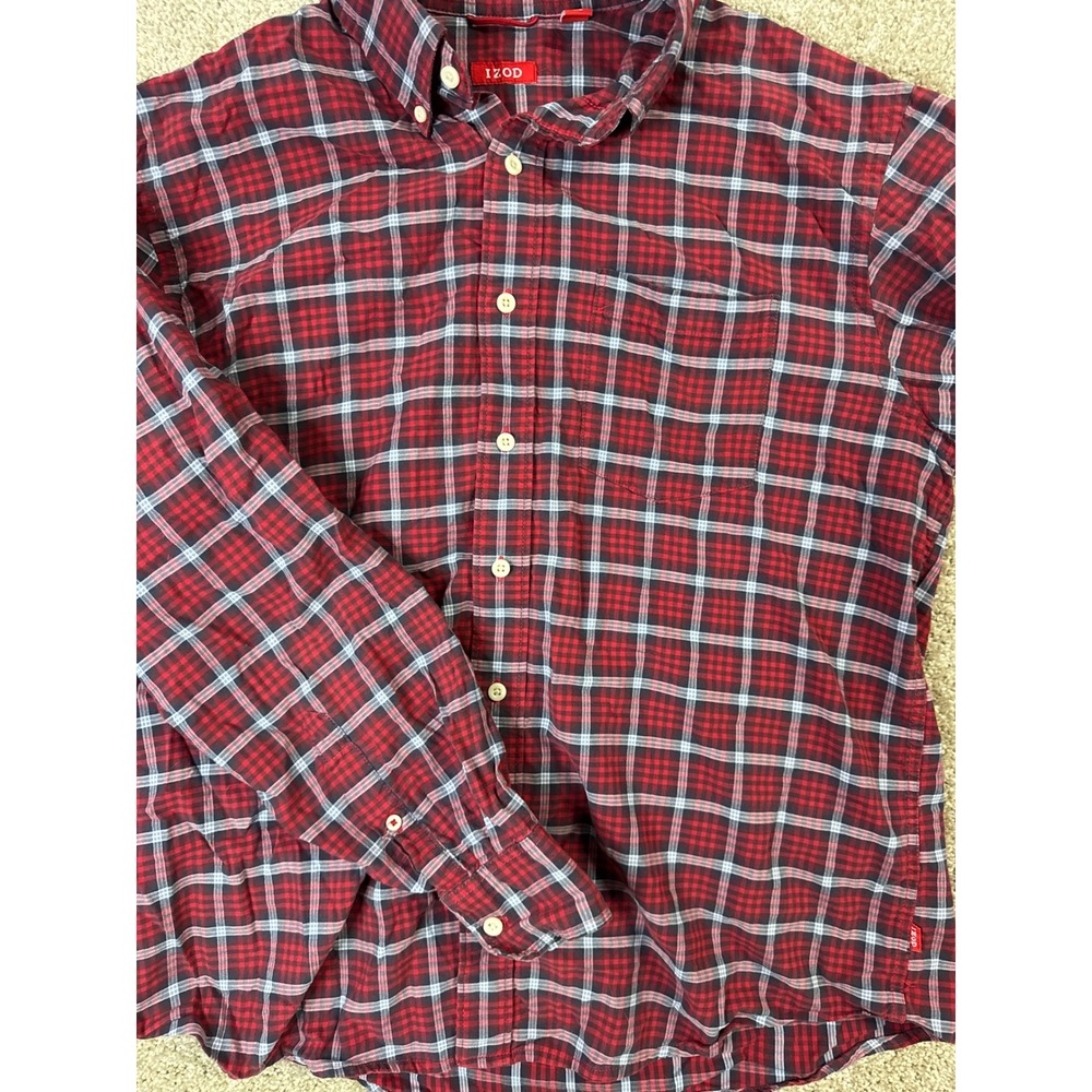 IZOD Mens Large Red Plaid Long Sleeve Button Down Shirt Casual Pocket Top